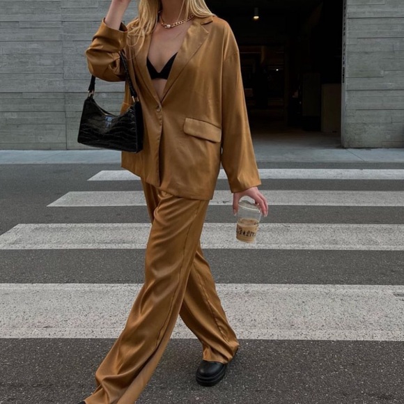 Shop12th Tribe x Salty Blonde Collab satin golden orange trousers. - Picture 6 of 9